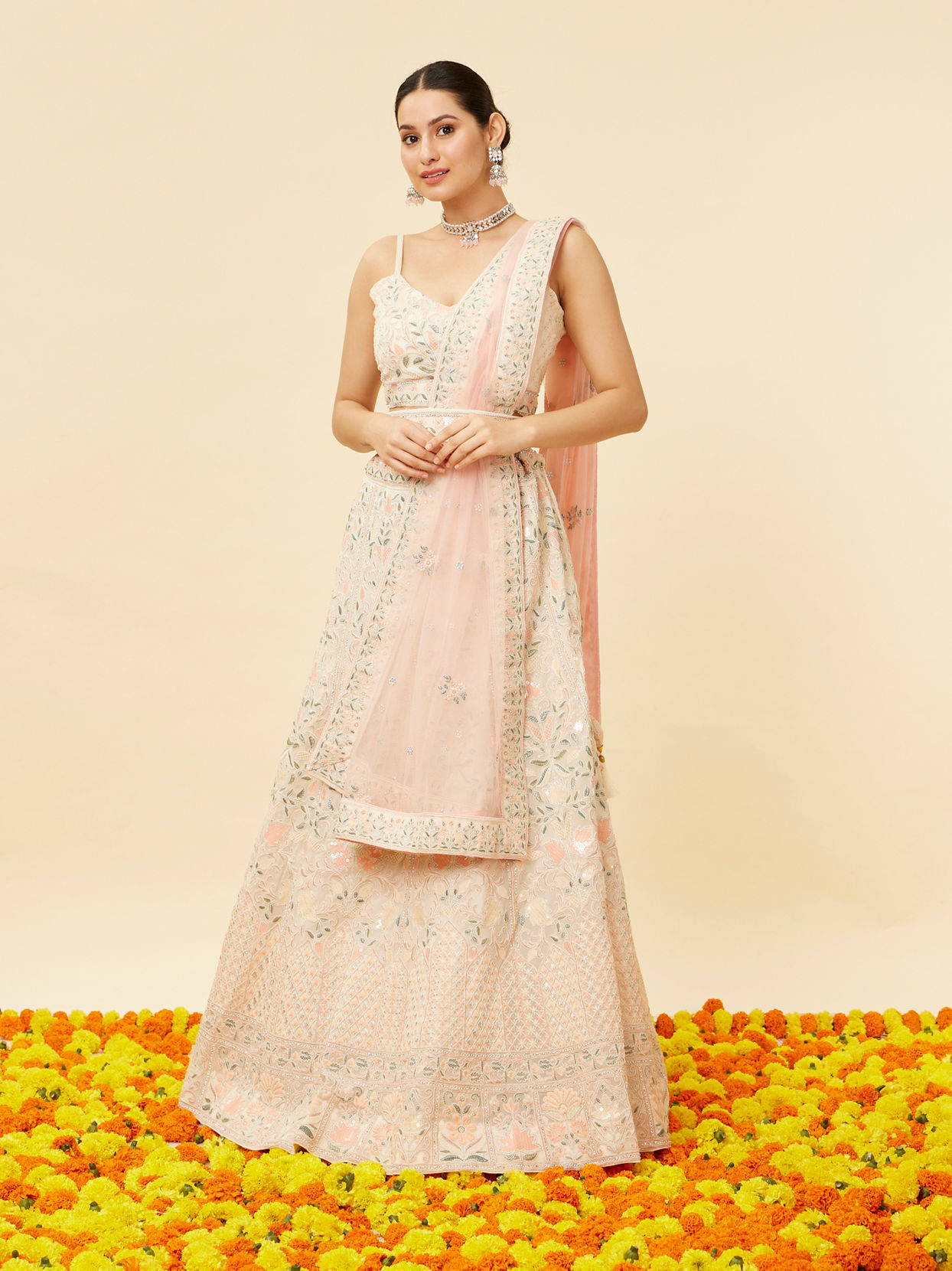 Cream Pink Floral Embroidered Lehanga image number 2